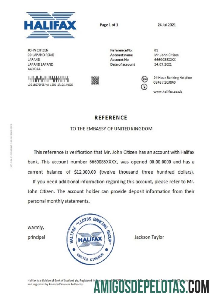 Referência Halifax do Reino Unido exemplo real